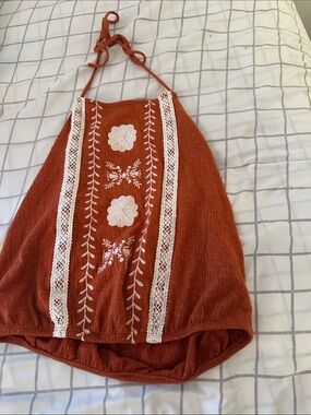 Forever 21 Rust Halter Camisole with White Embroidery